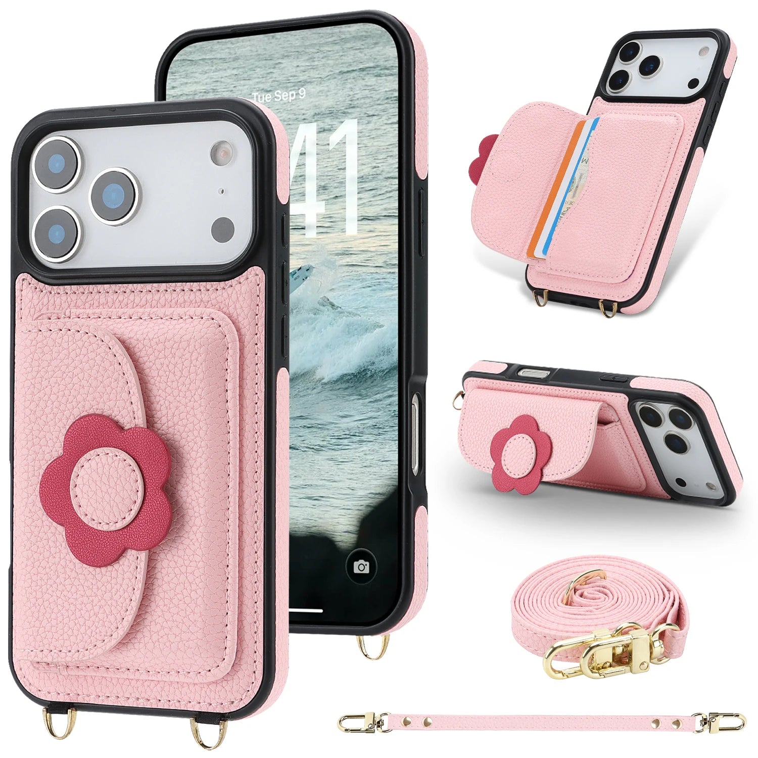 Cards Cash Slots Crossbody Leather Wallet Stand Case For iPhone
