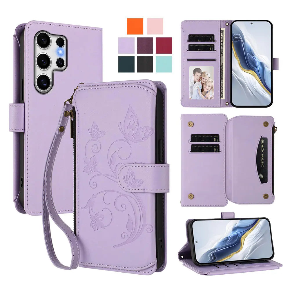 Butterfly Love Flower Embossed Crossbody Wallet Case for Samsung