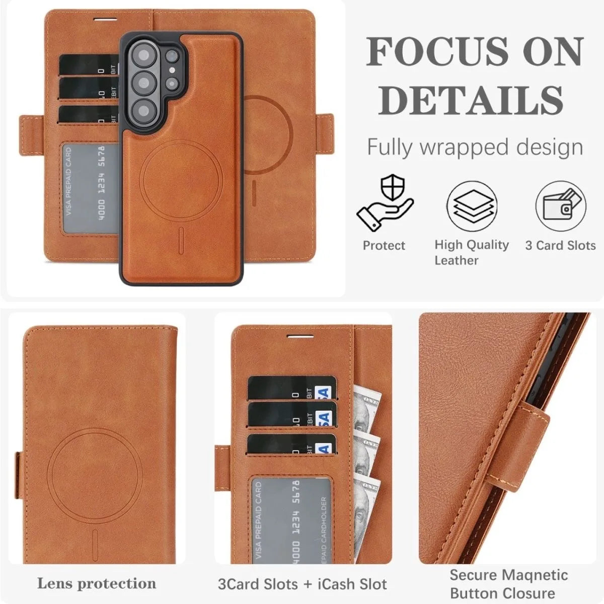 2 in 1 Cards Slot Leather Flip Wallet Magnetic Case For Samsung