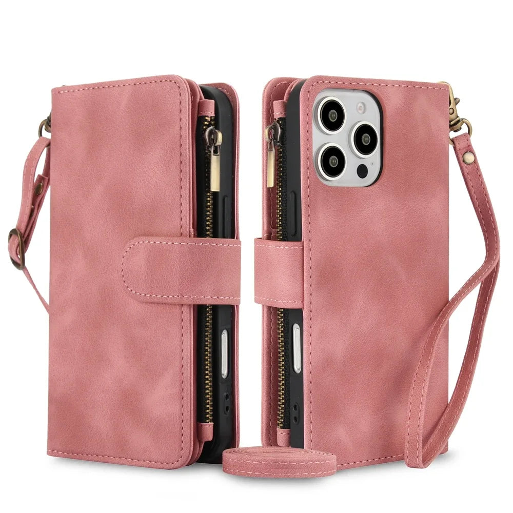 Leather wallet-style phone case with crossbody wrist strap for iPhone