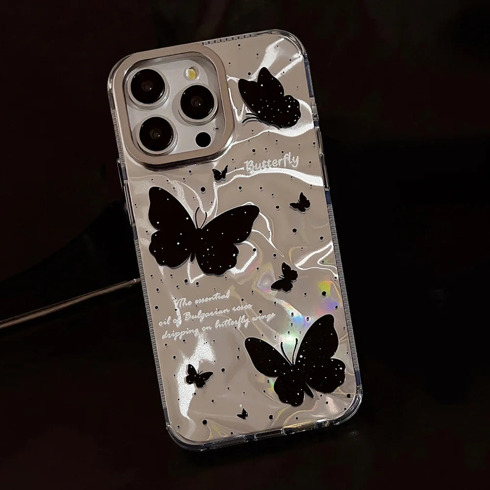 Luxury Black Butterfly Case With Bowknot Lanyard For iPhone