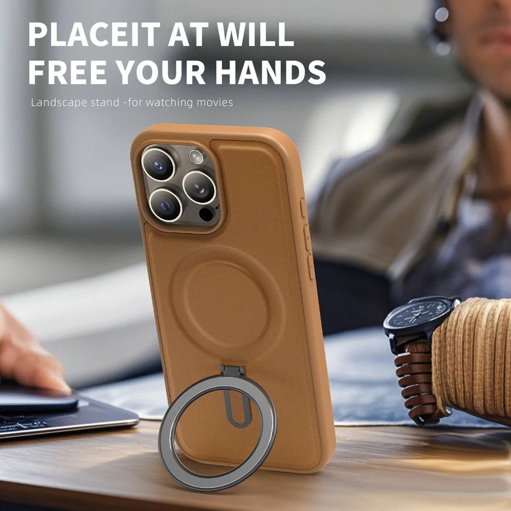 Fold Kickstand Wireless Charging Leather Case For iPhone