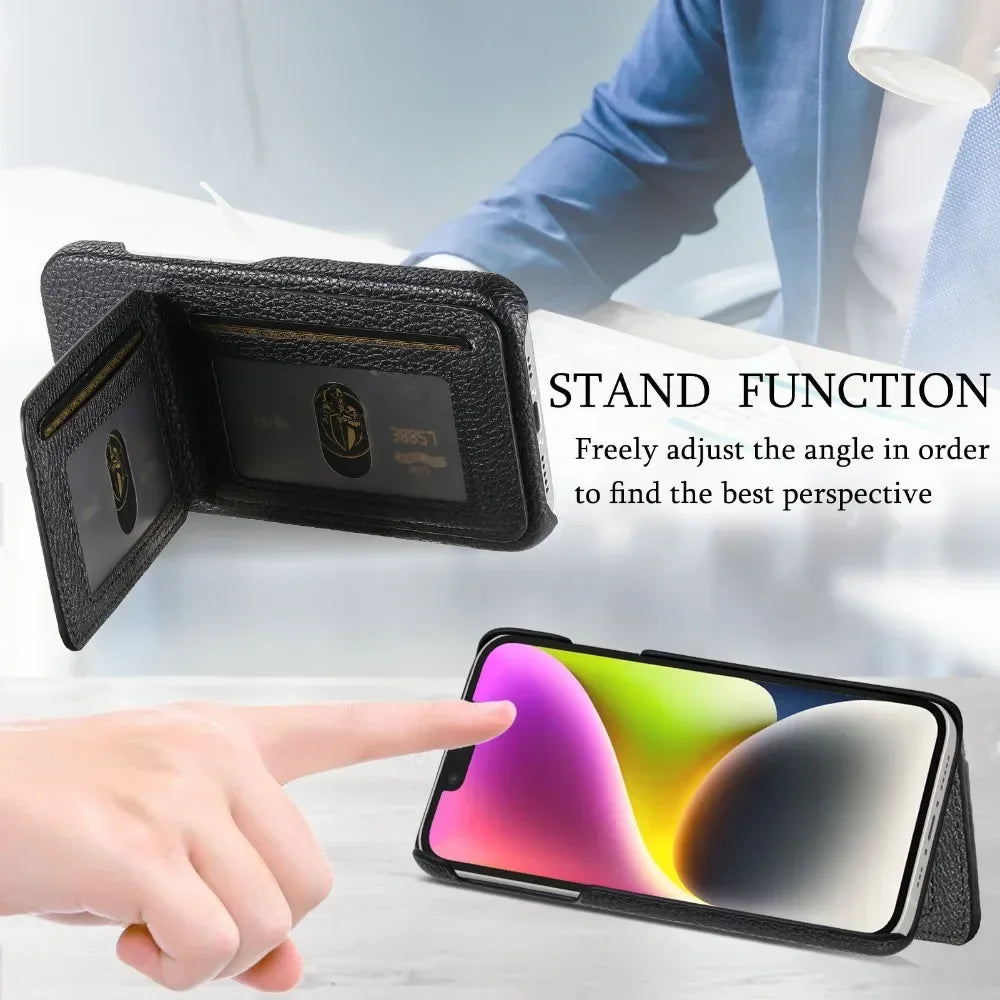 RFID Leather Wallet Card Holder Bracket Case for IPhone