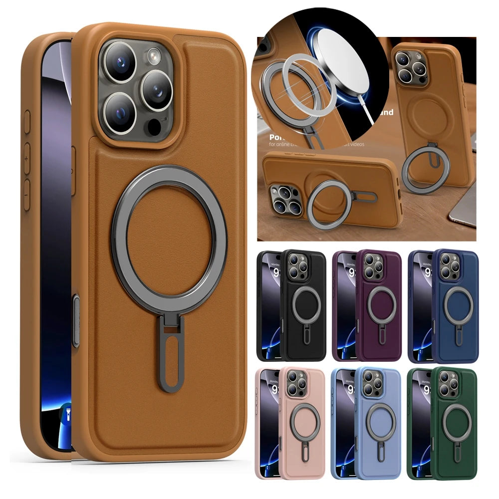 Fold Kickstand Wireless Charging Leather Case For iPhone