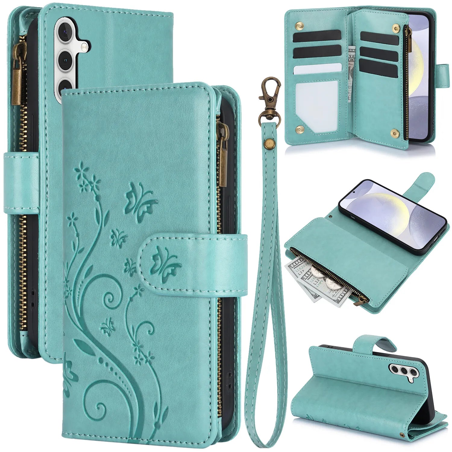 Card Slots Stand Flip Zipper Leather Wallet Phone Case For Samsung