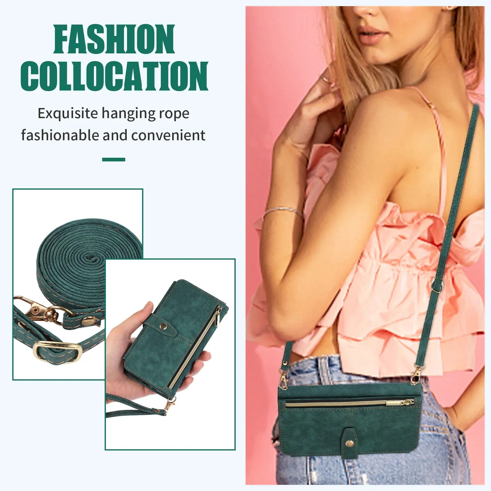 Zipper  Card Holder Lanyard Leather  Wallet  Case for iPhone