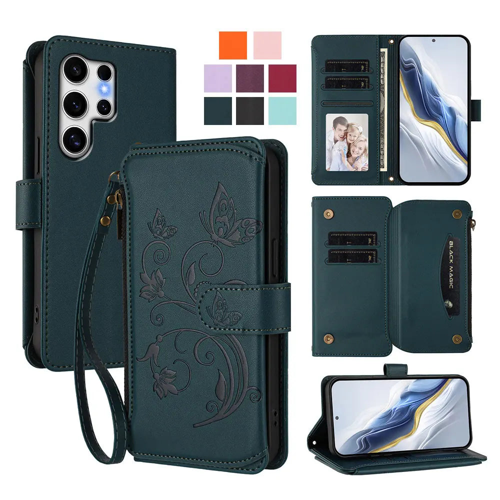Butterfly Love Flower Embossed Crossbody Wallet Case for Samsung