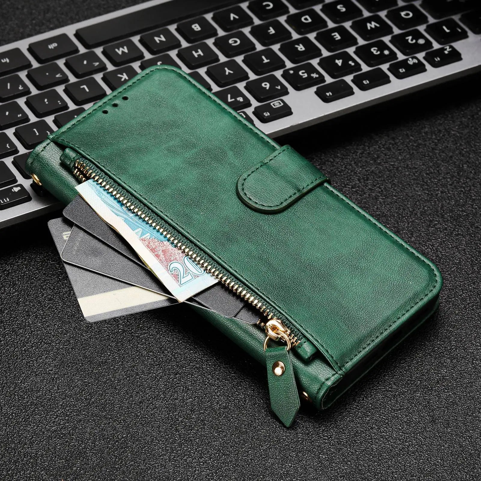 Wristband Zipper Card Slot Leather Wallet Case for Samsung