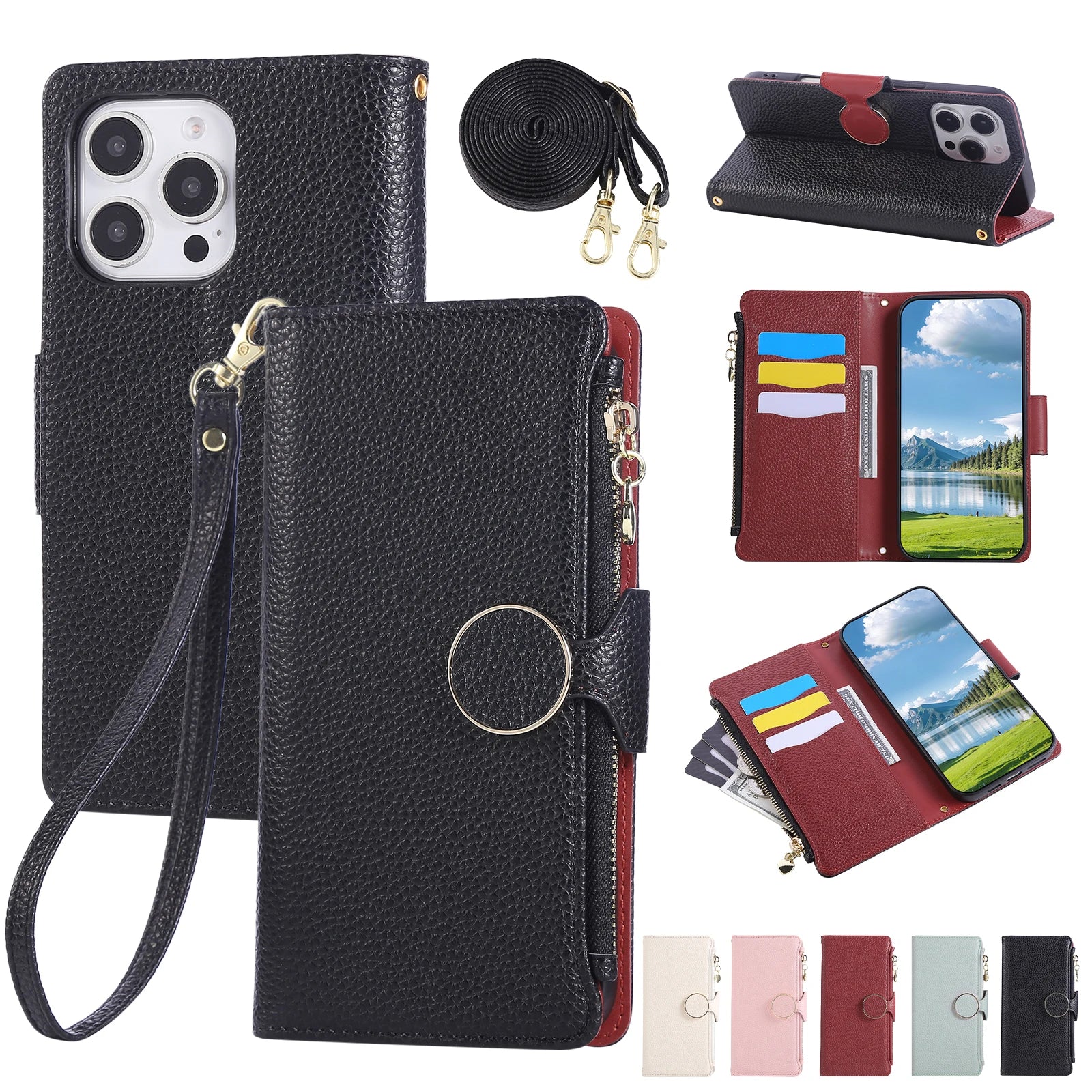 Crossbody Zipper Cards Solt Leather Wallet Case For iPhone