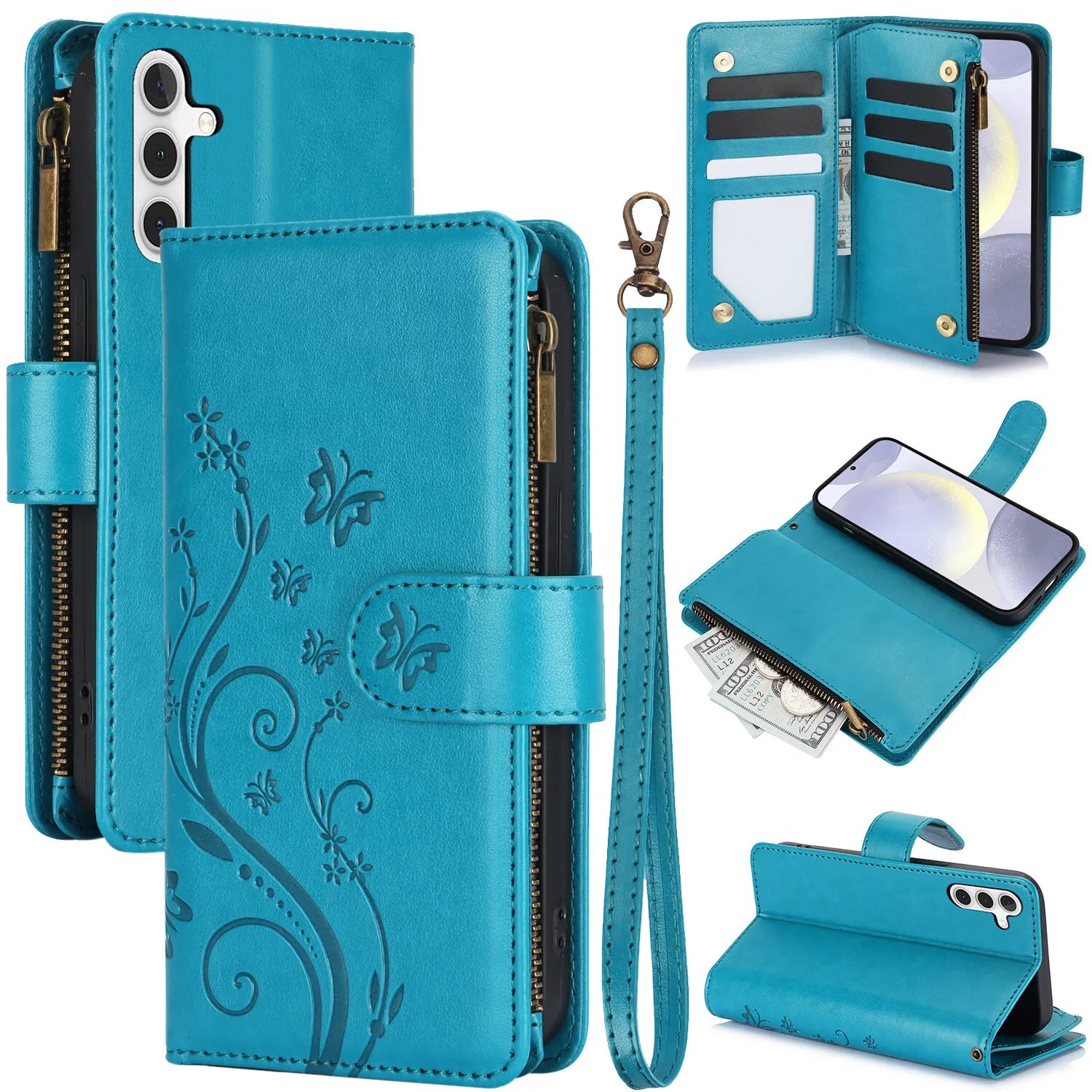 Card Slots Stand Flip Zipper Leather Wallet Phone Case For Samsung