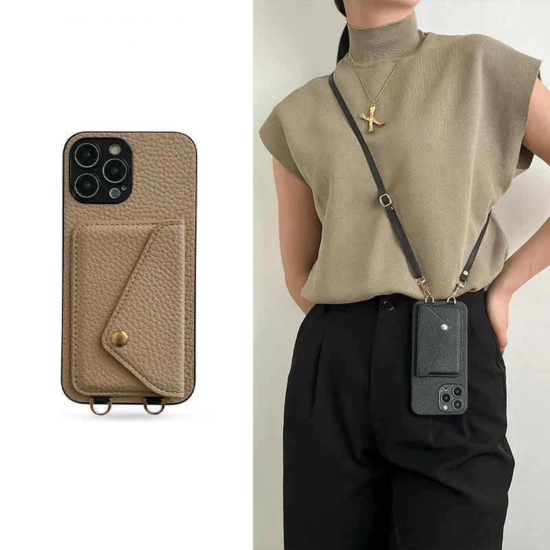 Crossbody Strap Lanyard Leather Wallet Case for IPhone