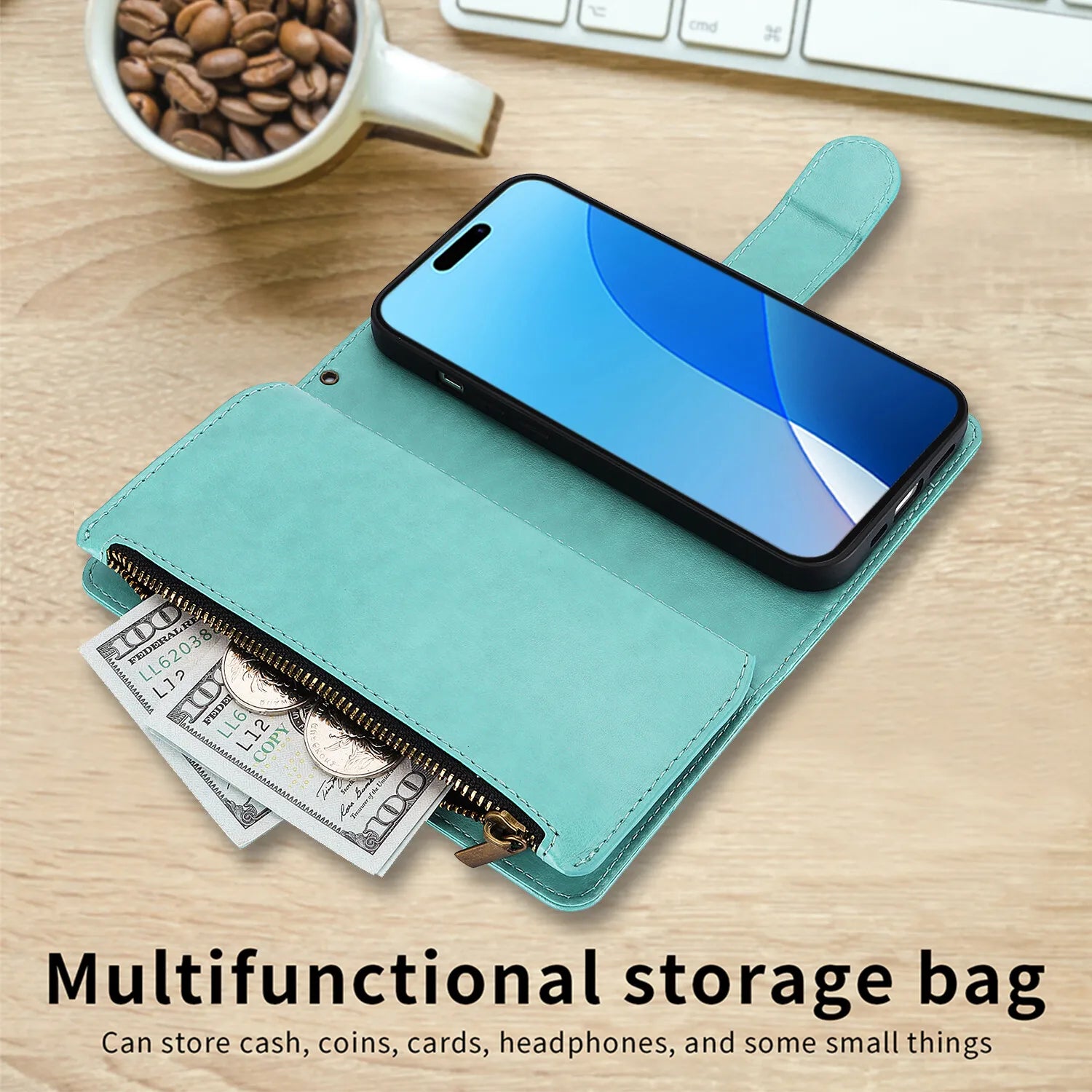 Leather Zipper Wallet Case For iPhone