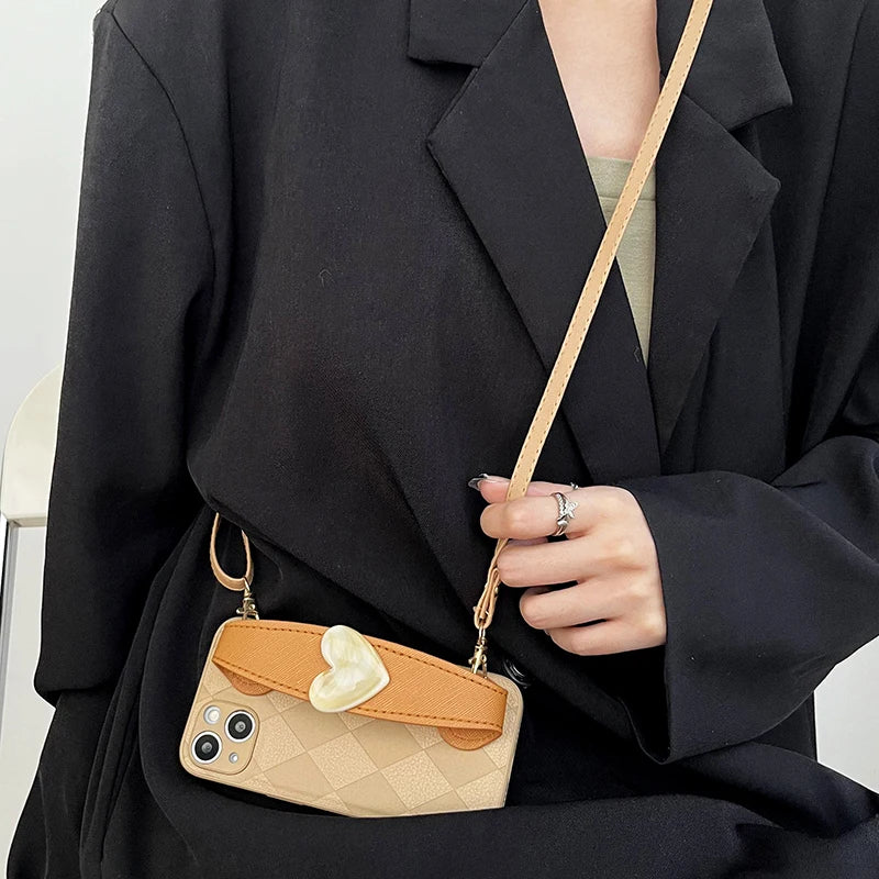 Rhombus Heart Wristband Crossbody Case for IPhone