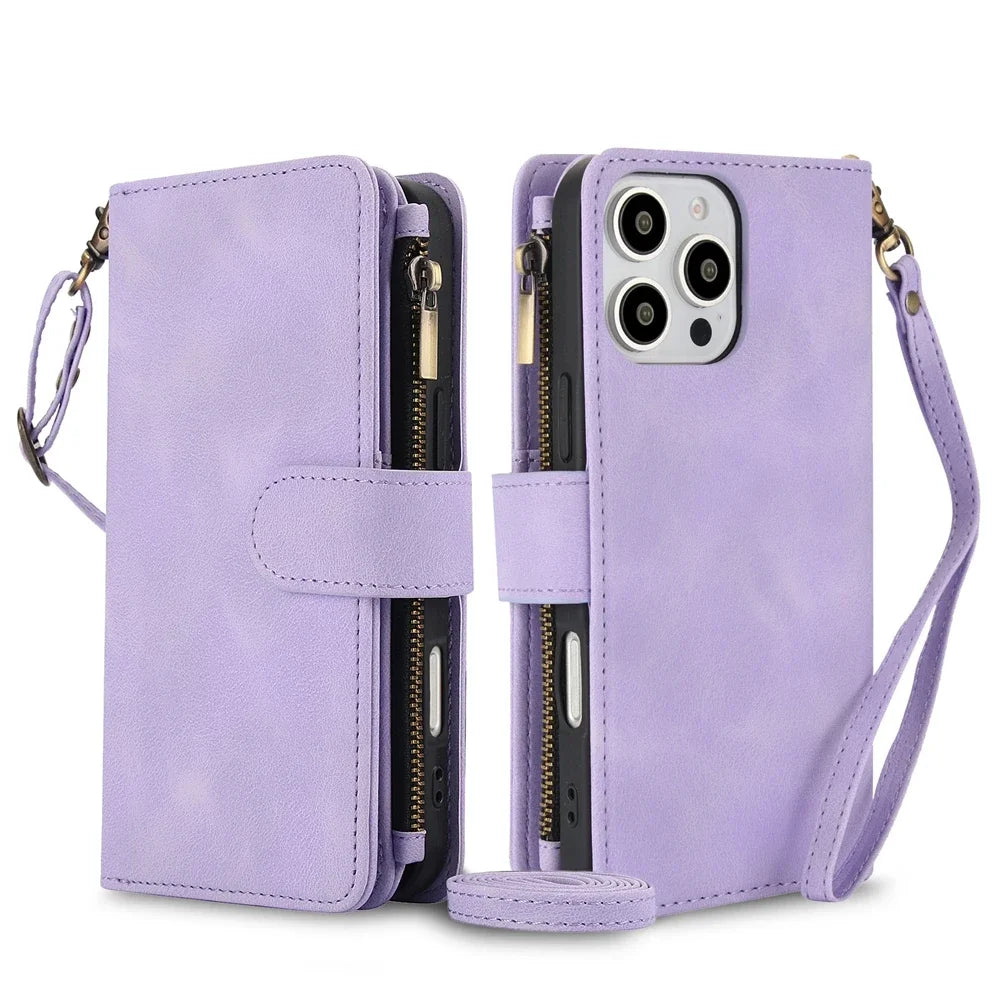 Leather wallet-style phone case with crossbody wrist strap for iPhone