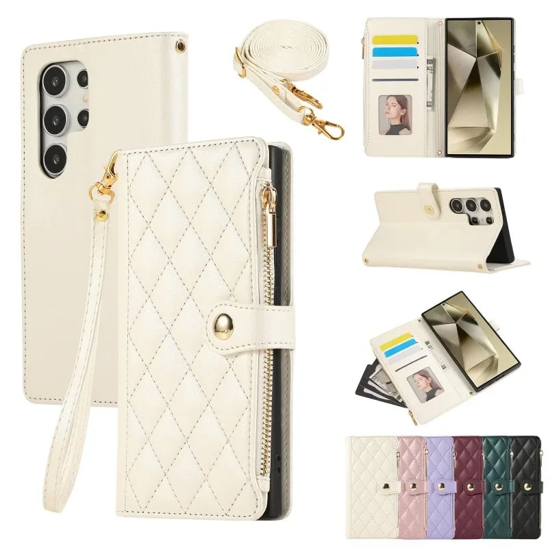 Crossbody Wrist Strap Leather Phone Case For Samsung