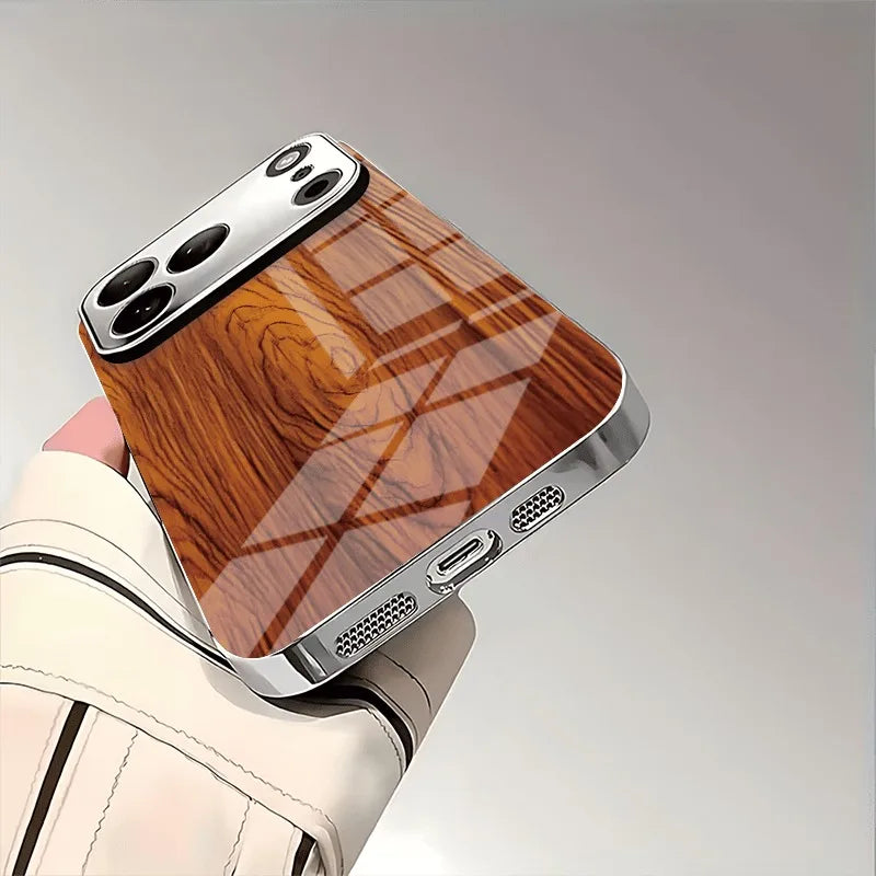 Solid Wood Texture Pattern Glass Electroplate Case For iPhone
