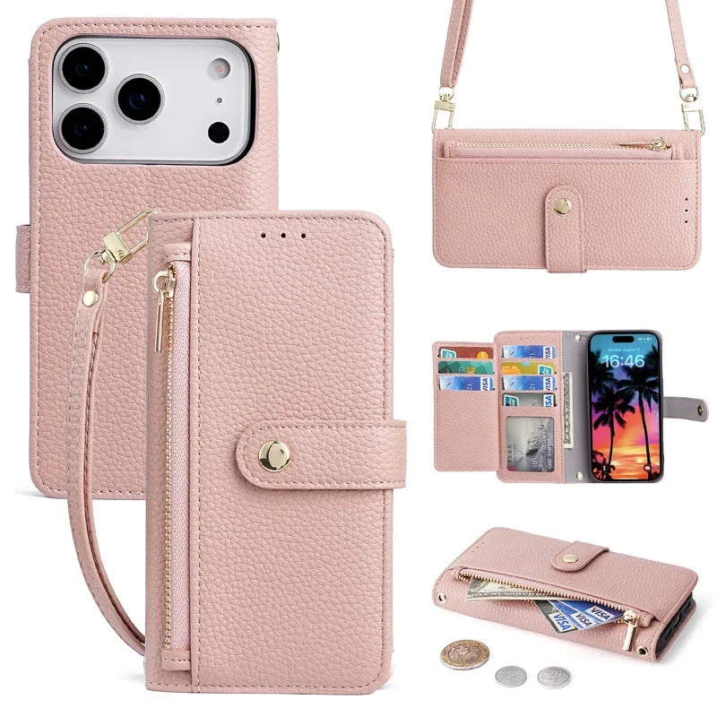 Zipper Flap Crossbody Leather Wallet Case for iPhone