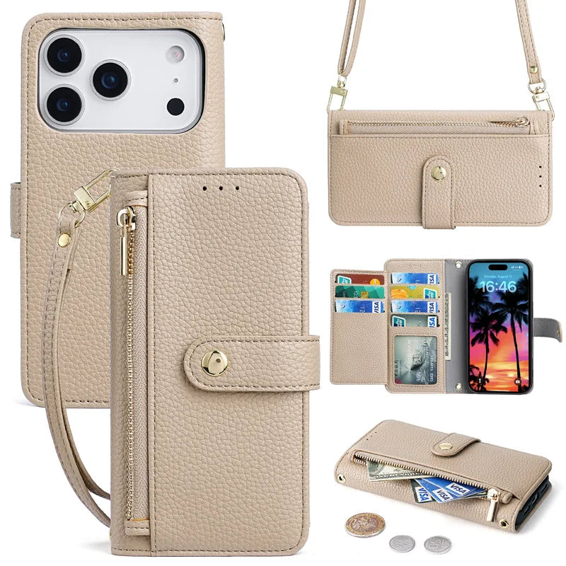 Zipper Flap Crossbody Leather Wallet Case for iPhone