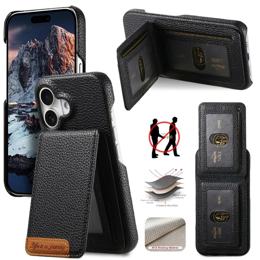RFID Leather Wallet Card Holder Bracket Case for IPhone