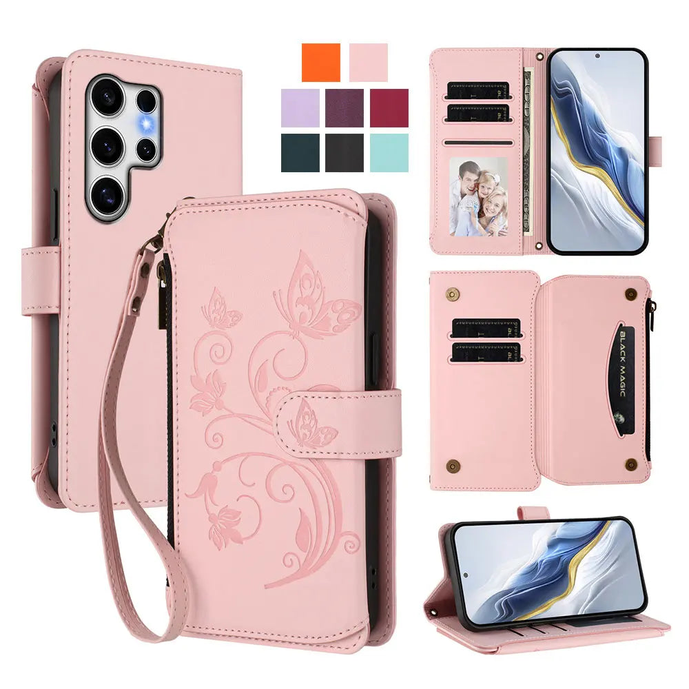 Butterfly Love Flower Embossed Crossbody Wallet Case for Samsung