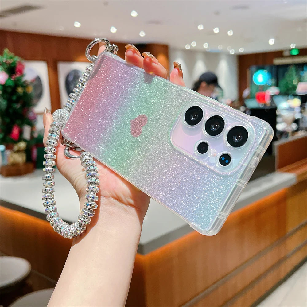 Gradient Glitter Love Heart Wrist Chain Case for Samsung