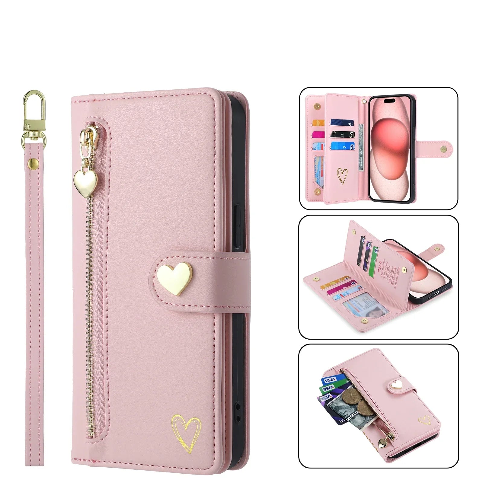 Gold Hot Stamping Love Zipper Card Wallet Case For iPhone