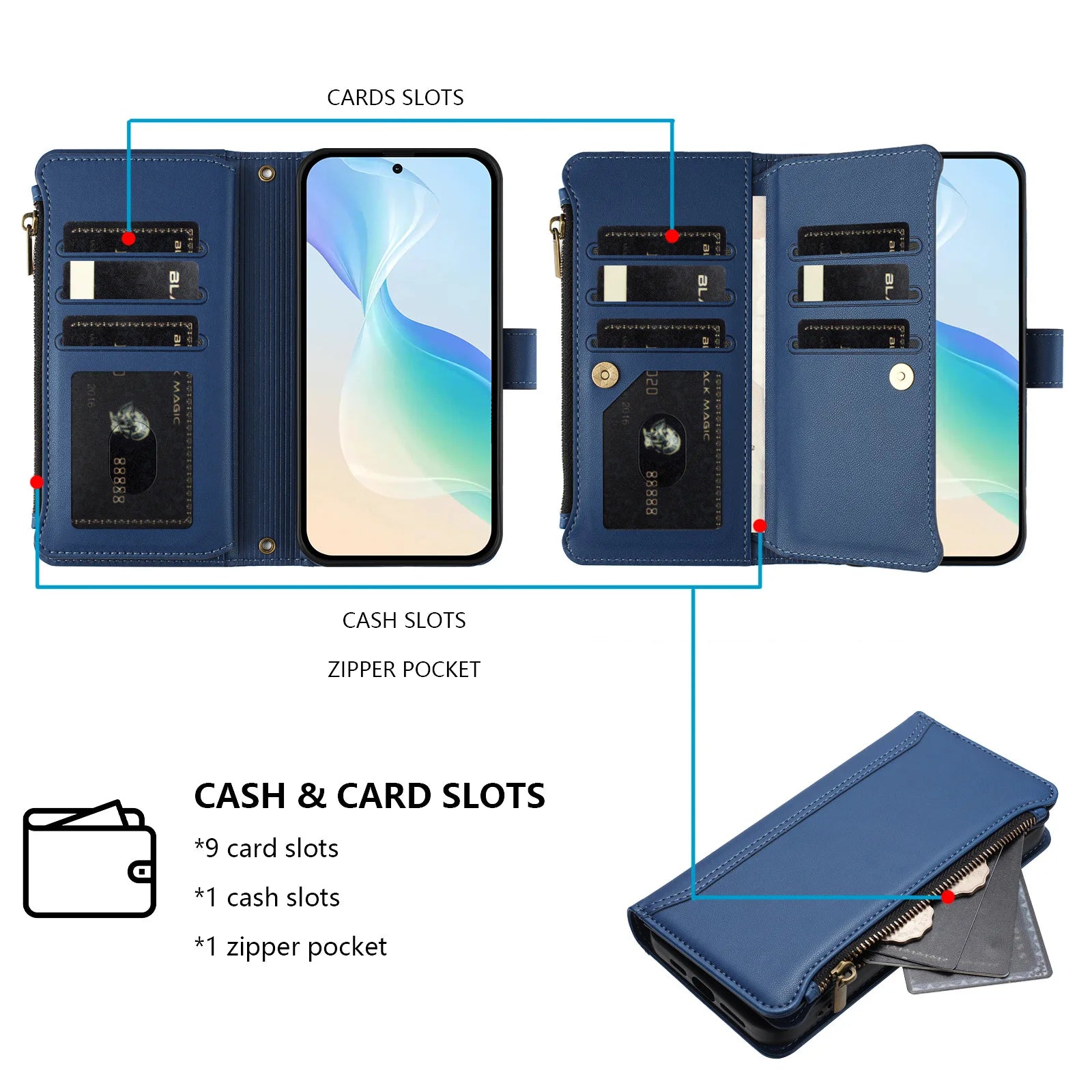9-Card Flip Leather Zipper Wallet Case For iPhone