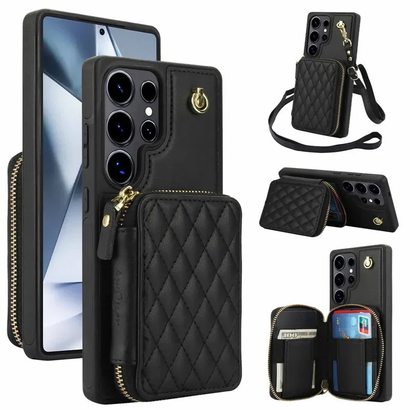 Long Lanyard Zipper Wallet Leather Case For Samsung