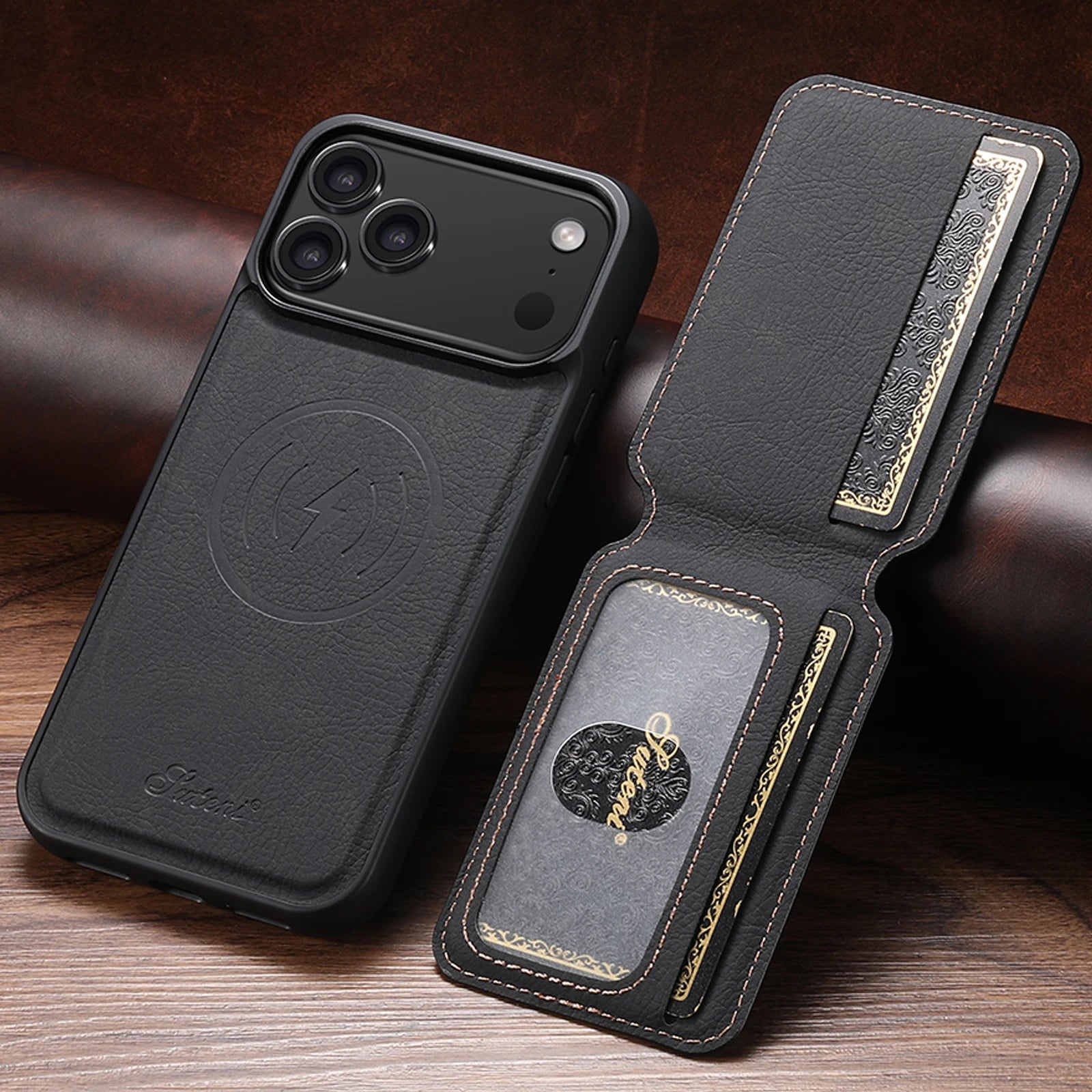 Magnet Card Holder Stand Leather Case For iPhone
