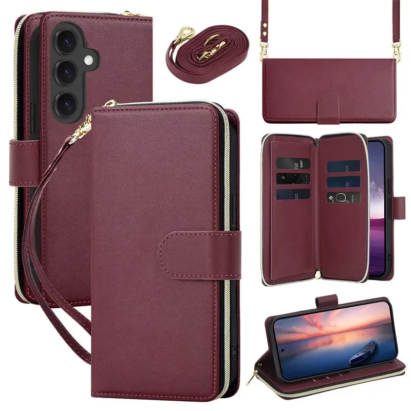 Long Lanyard Flip Zipper Wallet Multi Card Leather Case for Samsung