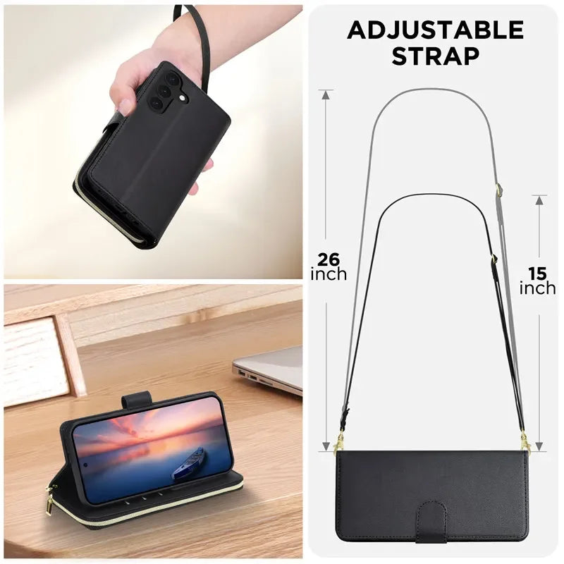 Long Lanyard Flip Zipper Wallet Multi Card Leather Case for Samsung