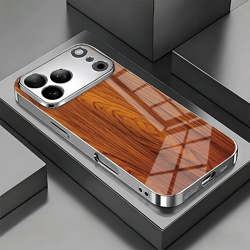 Solid Wood Texture Pattern Glass Electroplate Case For iPhone