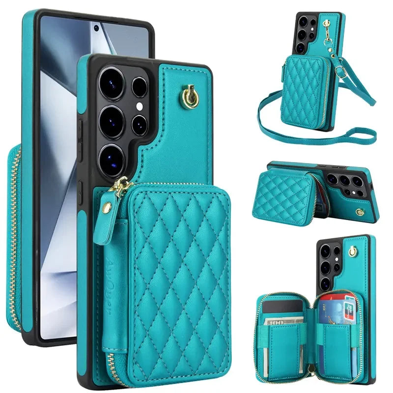 Long Lanyard Zipper Wallet Leather Case For Samsung