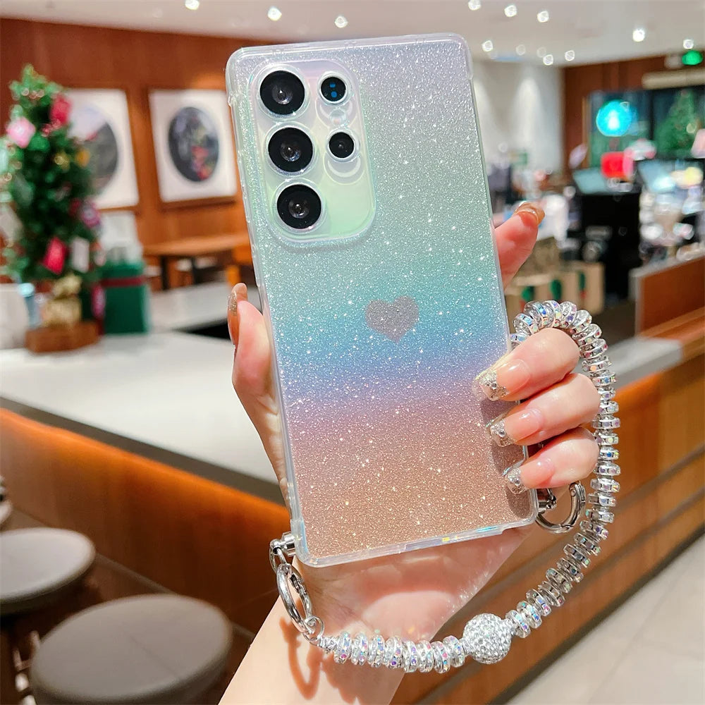 Gradient Glitter Love Heart Wrist Chain Case for Samsung