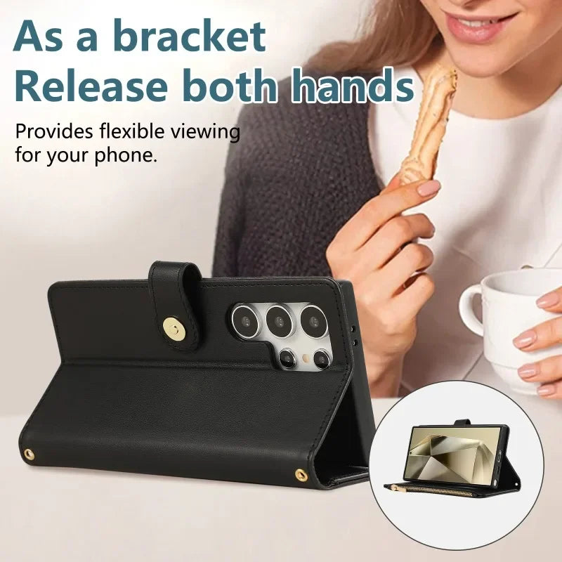 Crossbody Wrist Strap Leather Phone Case For Samsung