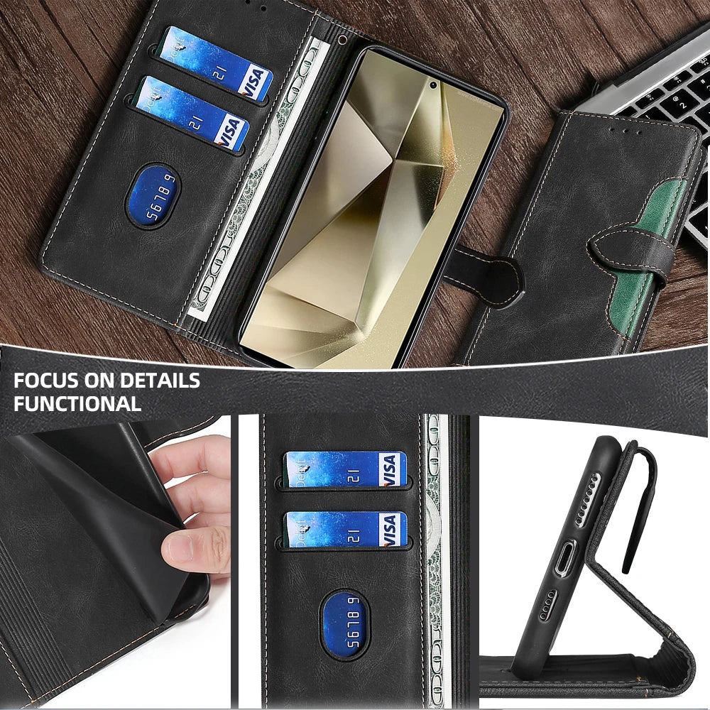 Contrasting Color Flip Magnet Buckle Leather Case For Samsung