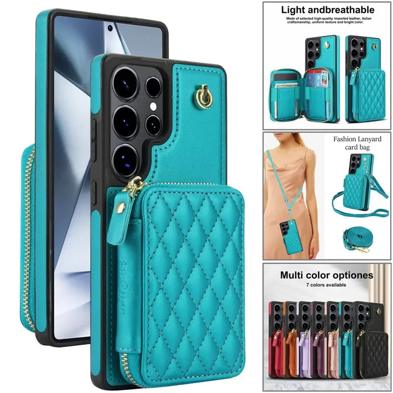 Long Lanyard Zipper Wallet Leather Case For Samsung