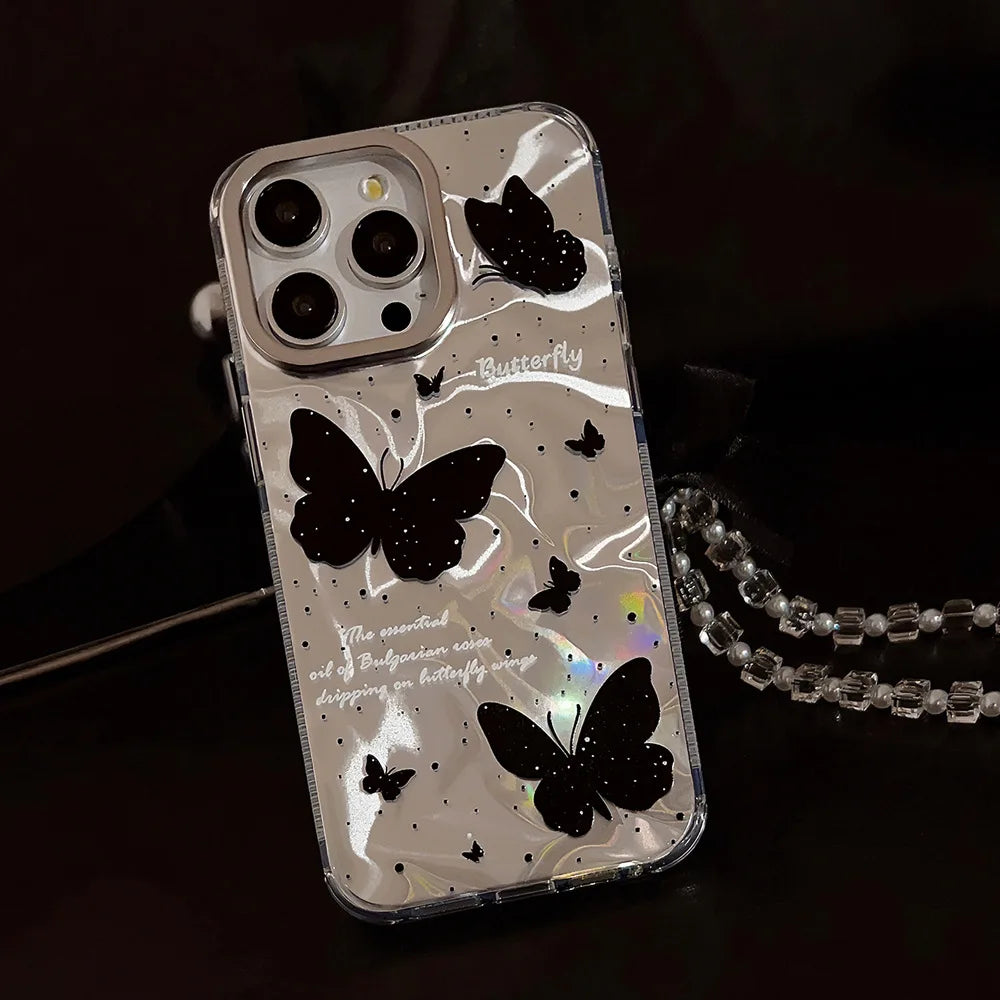 Luxury Black Butterfly Case With Bowknot Lanyard For iPhone