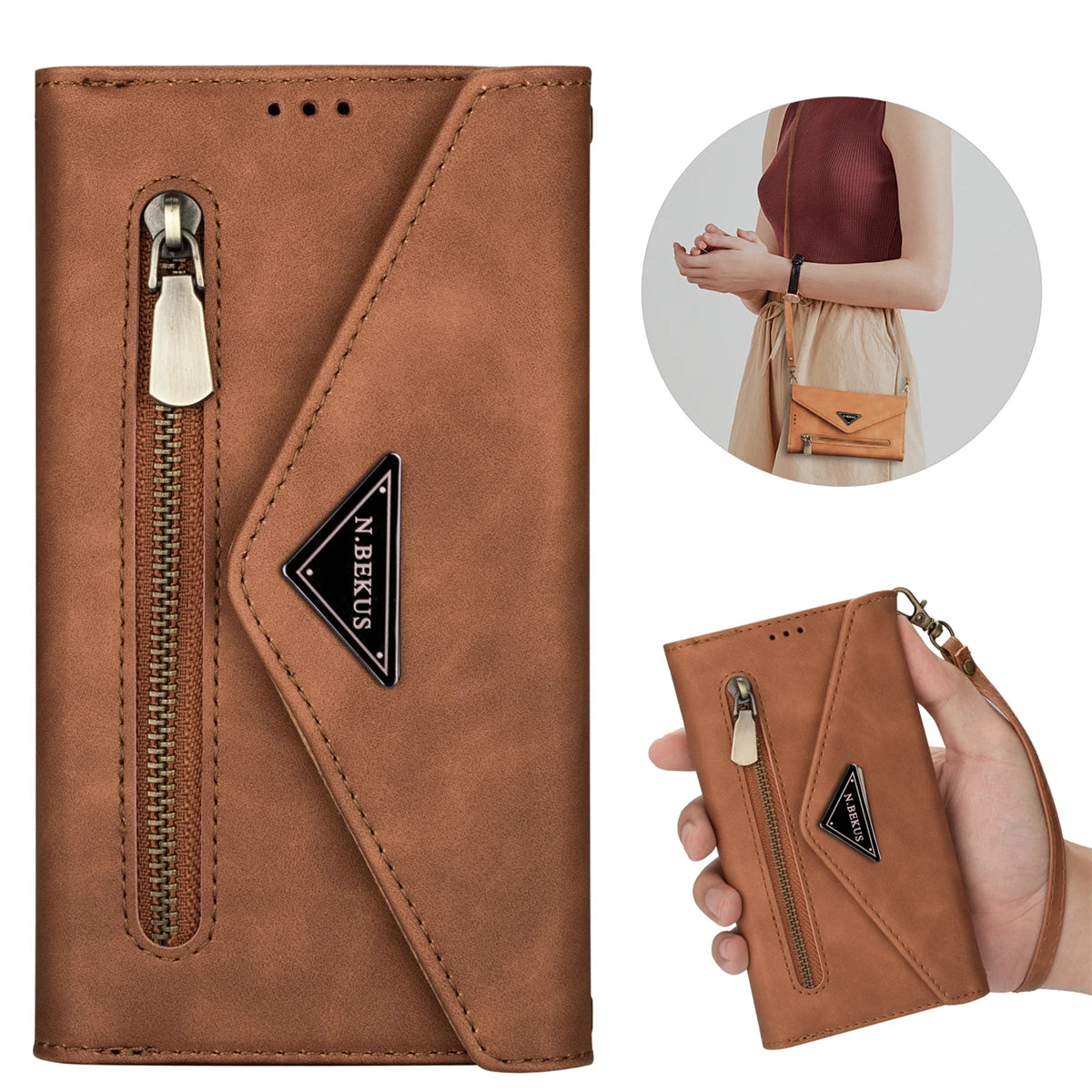 Multi-Card Slot Zipper Lanyard Wallet Case For iPhone