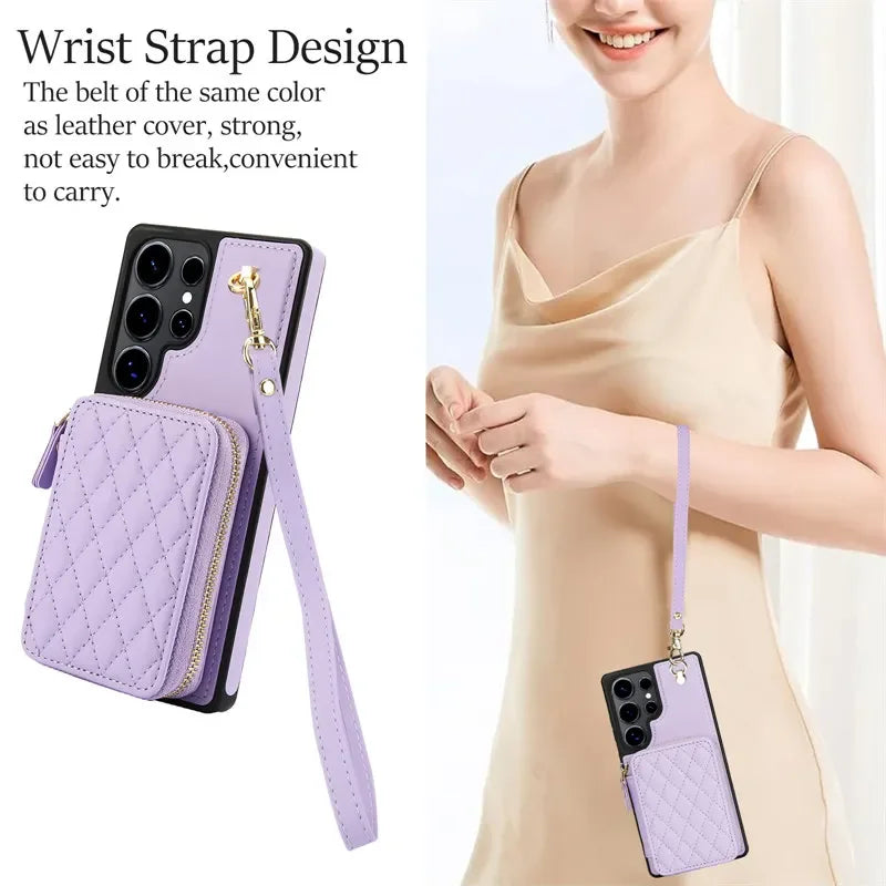 Long Lanyard Zipper Wallet Leather Case For Samsung