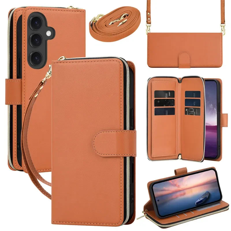 Long Lanyard Flip Zipper Wallet Multi Card Leather Case for Samsung