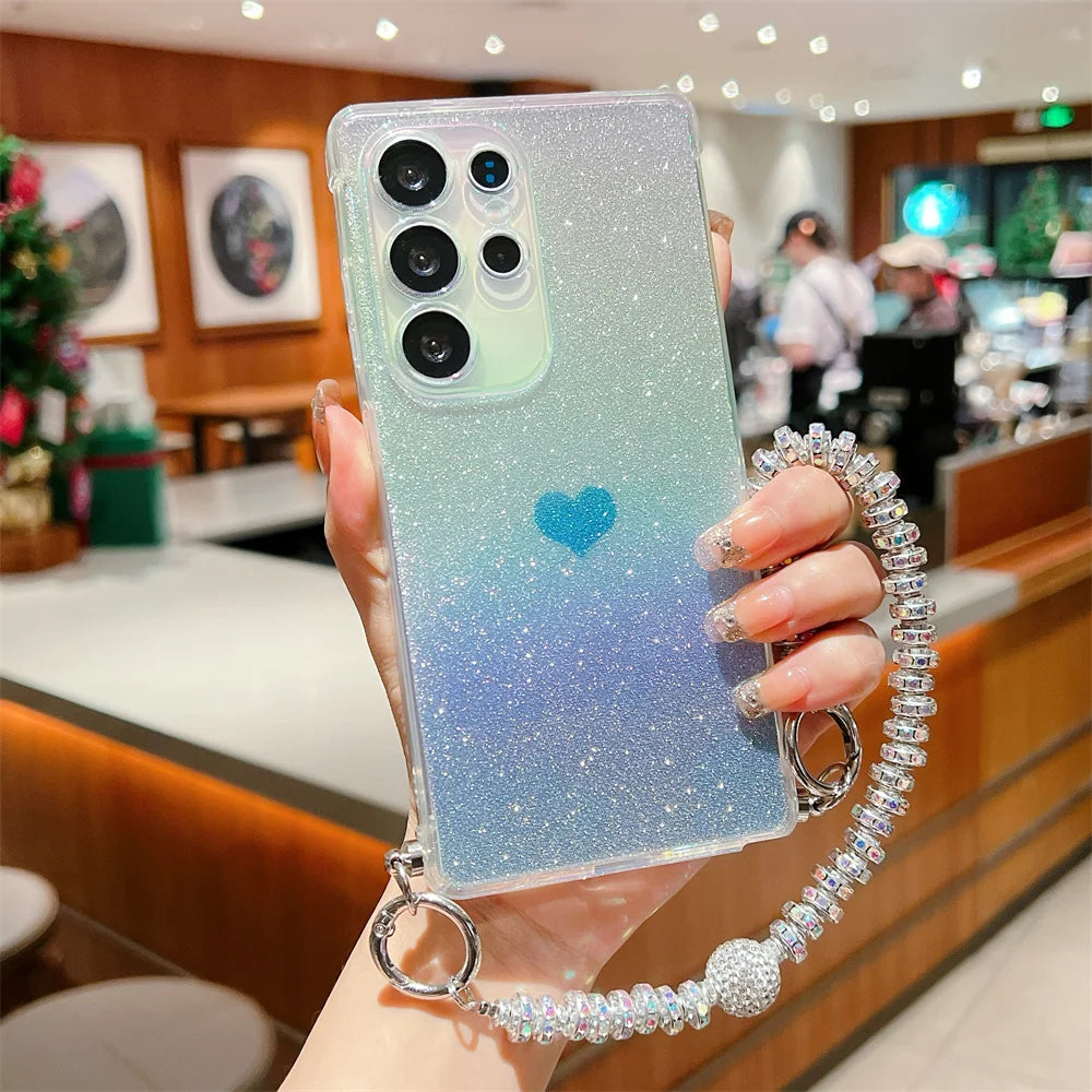 Gradient Glitter Love Heart Wrist Chain Case for Samsung