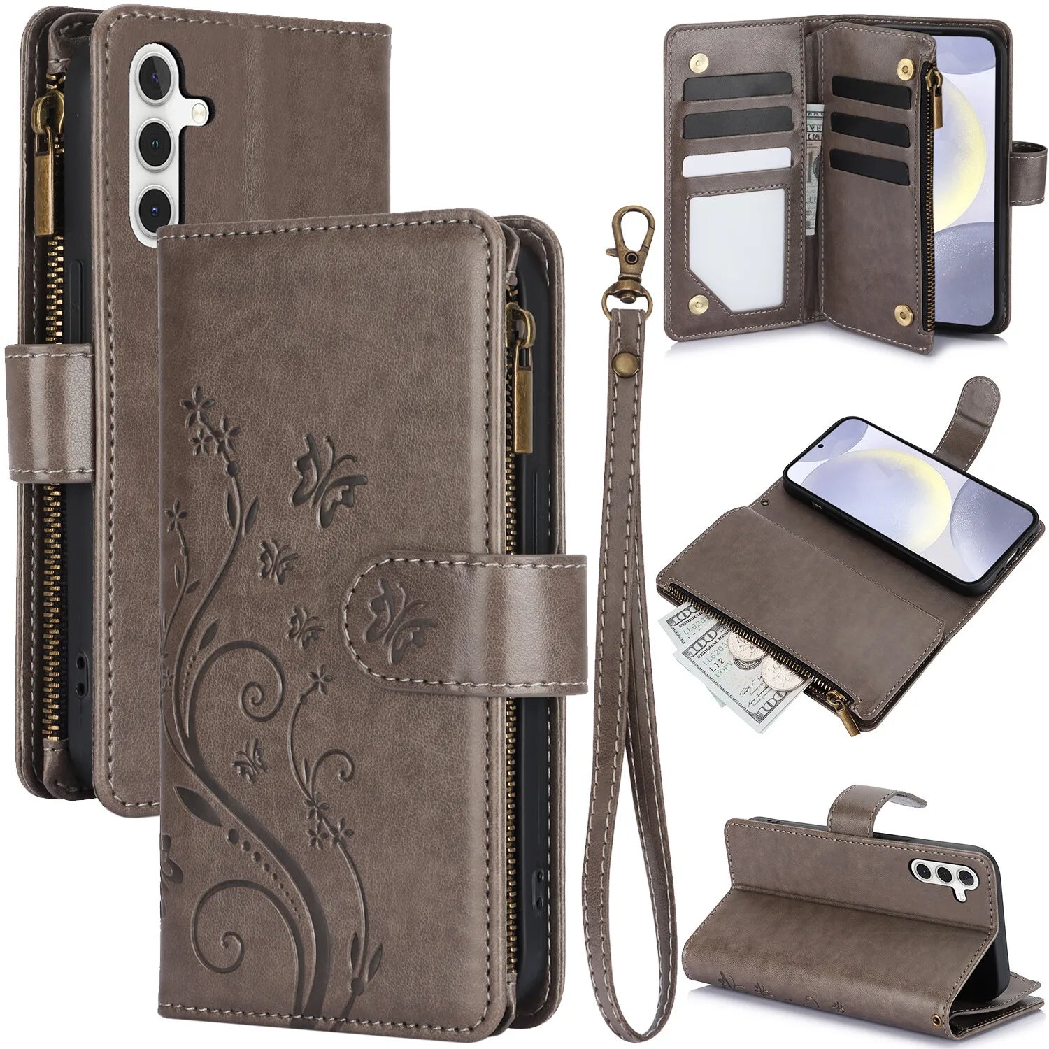 Card Slots Stand Flip Zipper Leather Wallet Phone Case For Samsung