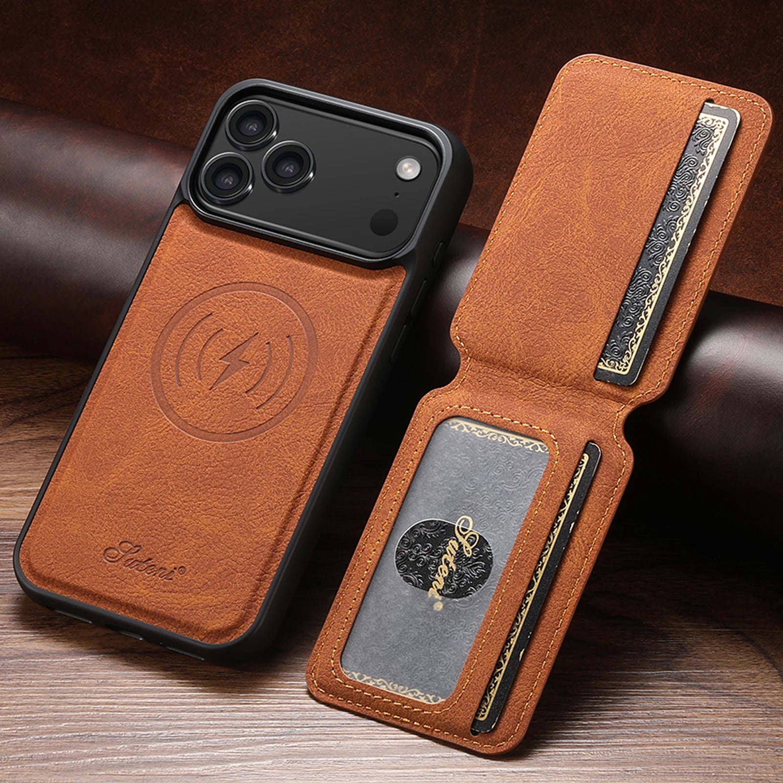 Magnet Card Holder Stand Leather Case For iPhone
