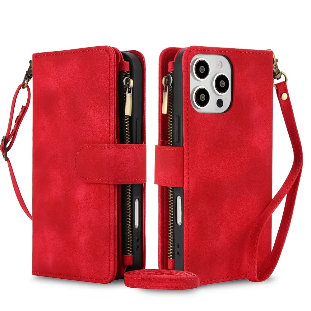 Leather wallet-style phone case with crossbody wrist strap for iPhone