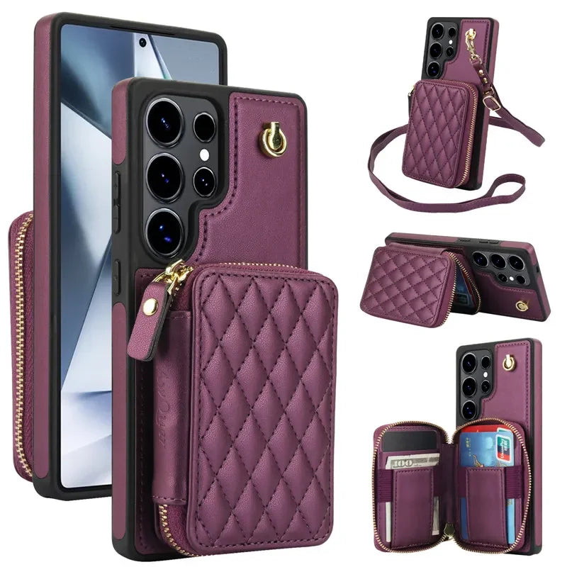 Long Lanyard Zipper Wallet Leather Case For Samsung