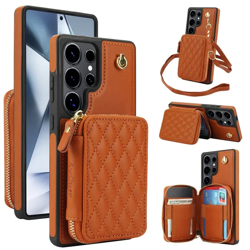 Long Lanyard Zipper Wallet Leather Case For Samsung