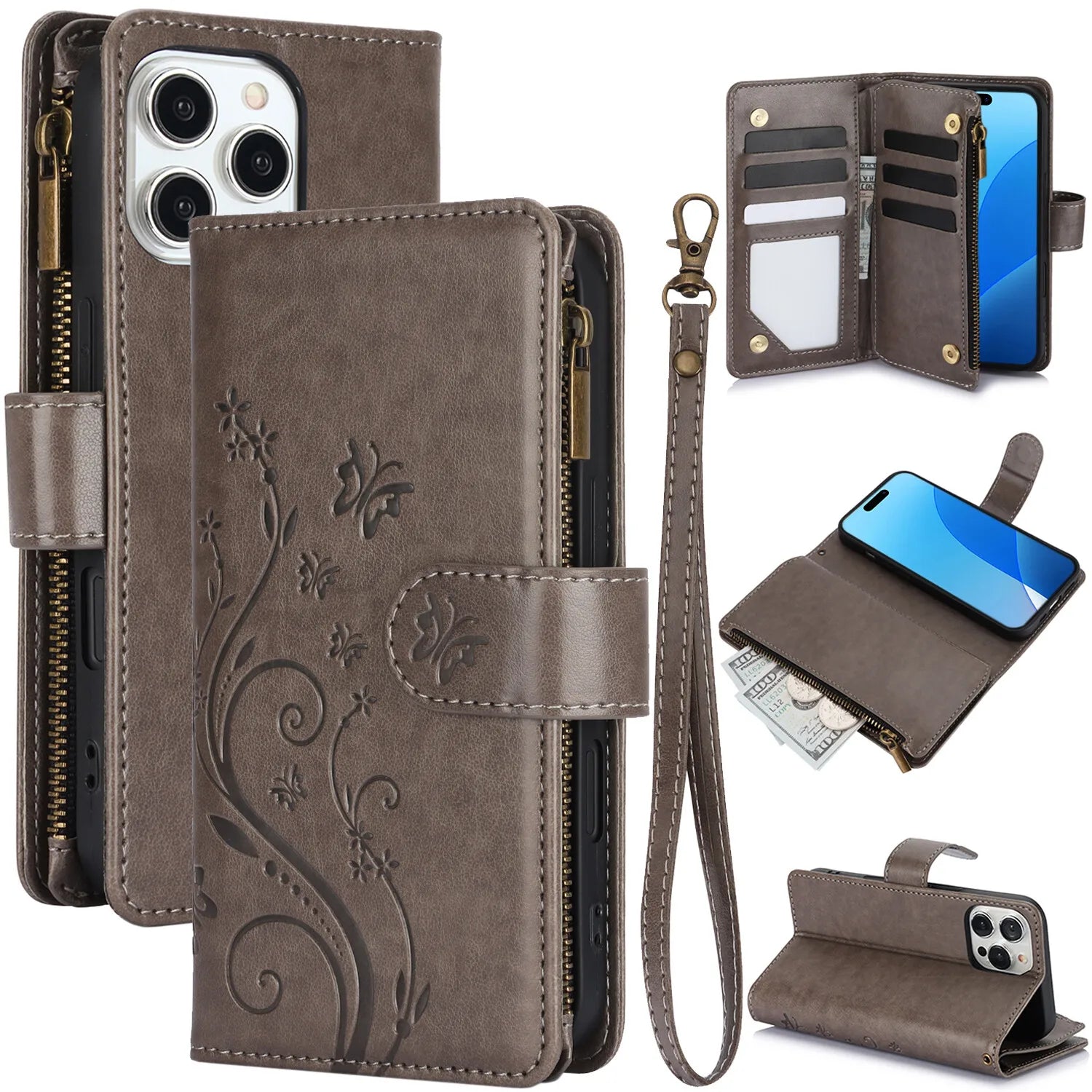Leather Zipper Wallet Case For iPhone