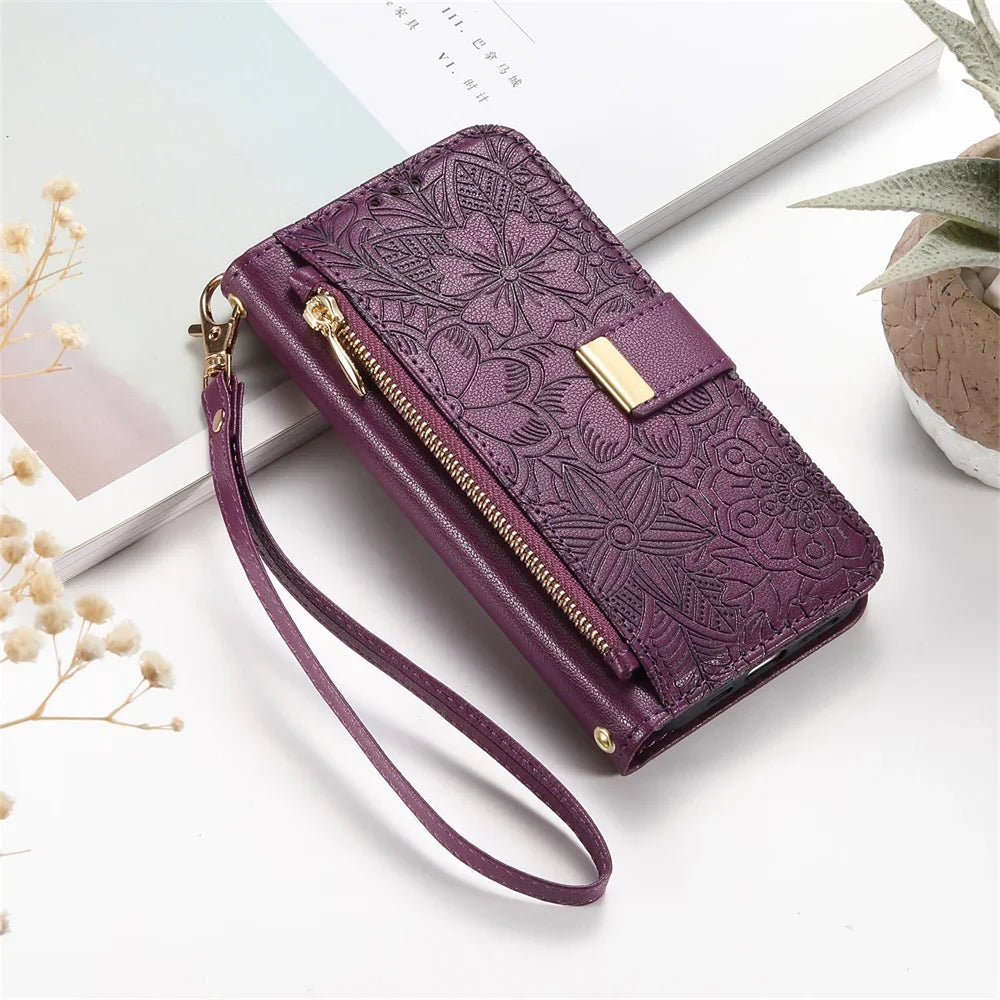 Card Slot Wristband Flip Leather Wallet Case for Samsung