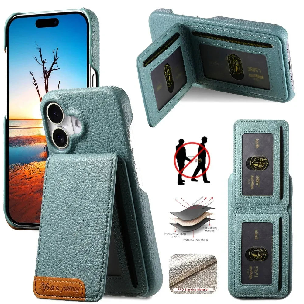 RFID Leather Wallet Card Holder Bracket Case for IPhone